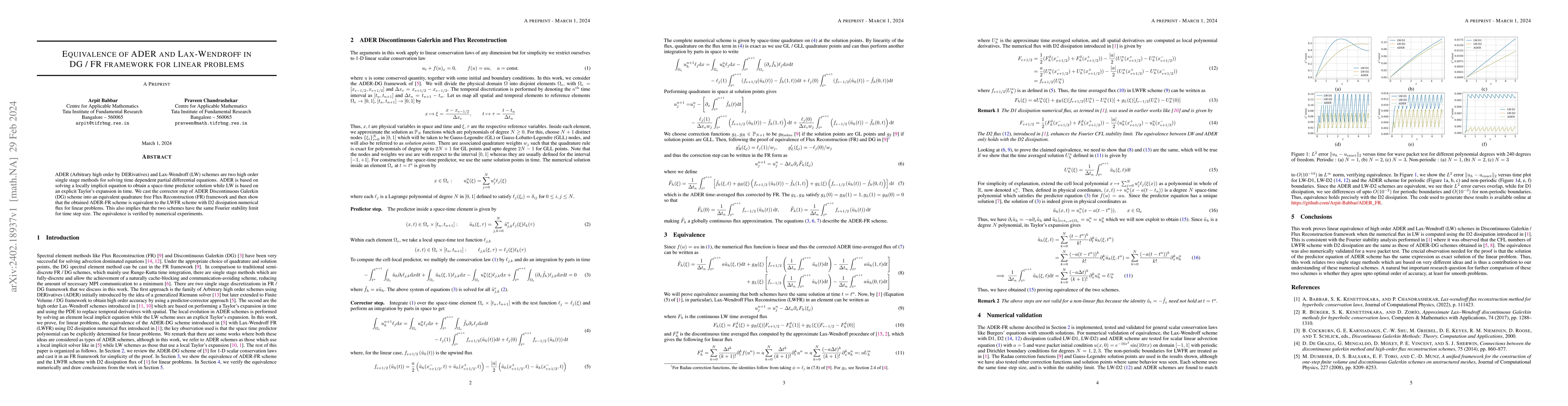 Thumbnail for Equivalence of ADER and Lax-Wendroff in DG / FR framework for linear
  problems
