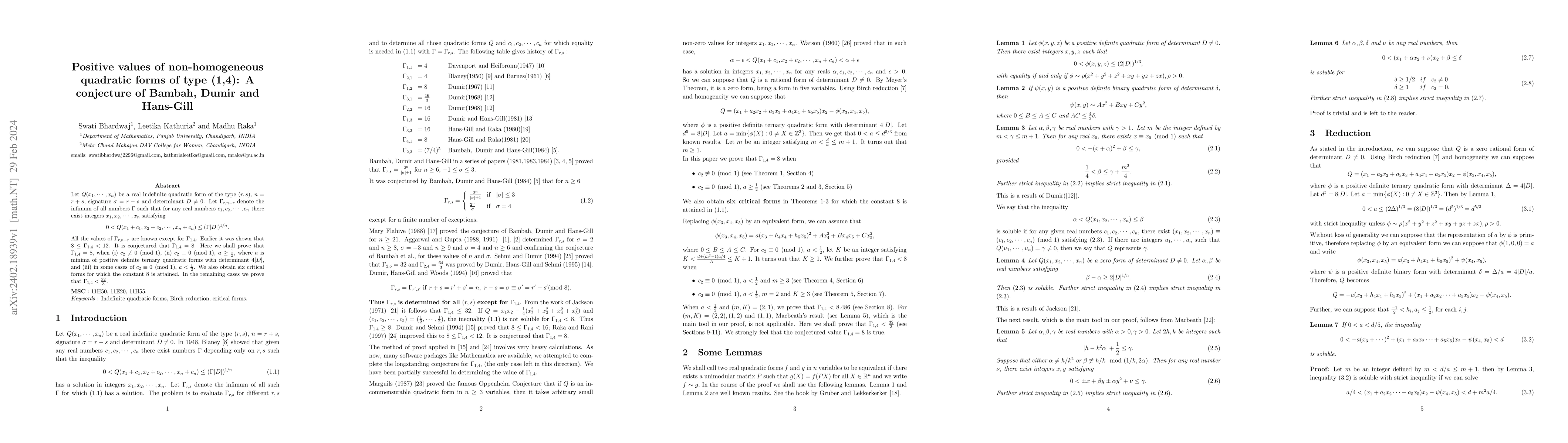 Thumbnail for Positive values of non-homogeneous quadratic forms of type (1,4): A
  conjecture of Bambah, Dumir and Hans-Gill