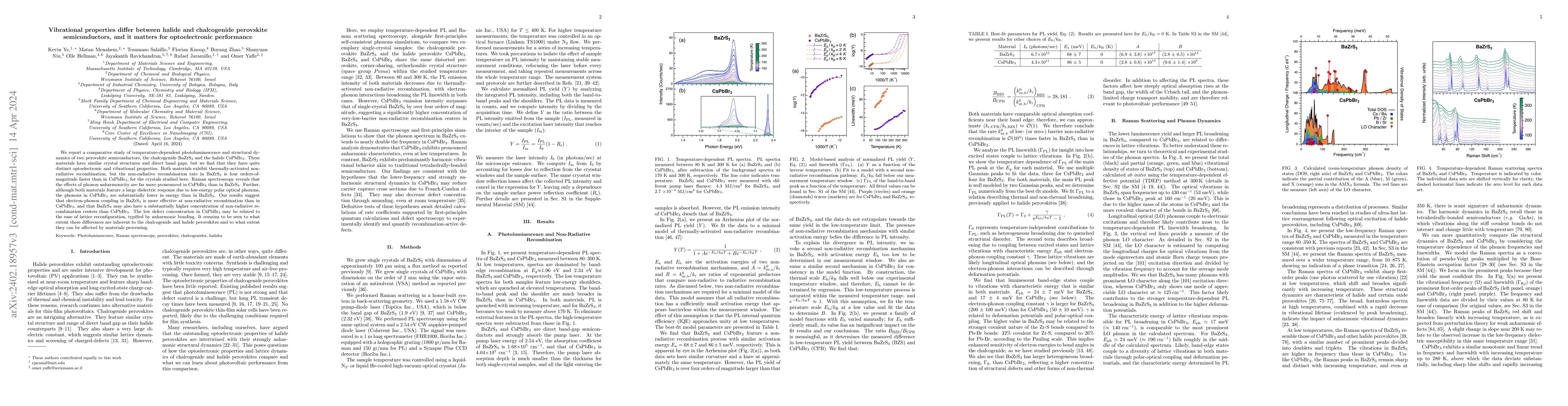 Thumbnail for Vibrational properties differ between halide and chalcogenide perovskite
  semiconductors, and it matters for optoelectronic performance