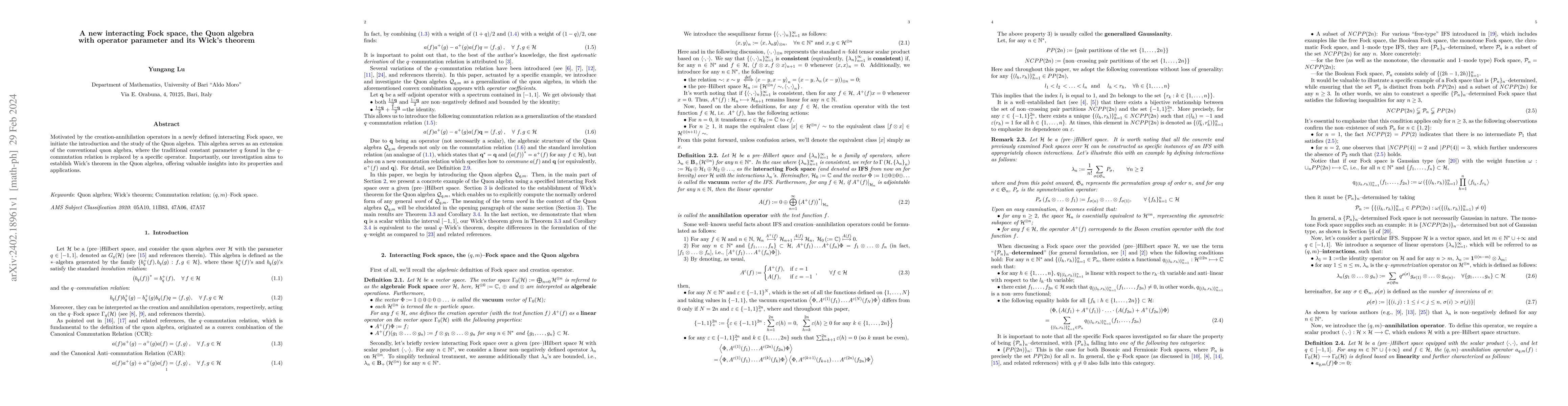 Thumbnail for A new interacting Fock space, the Quon algebra with operator parameter
  and its Wick's theorem