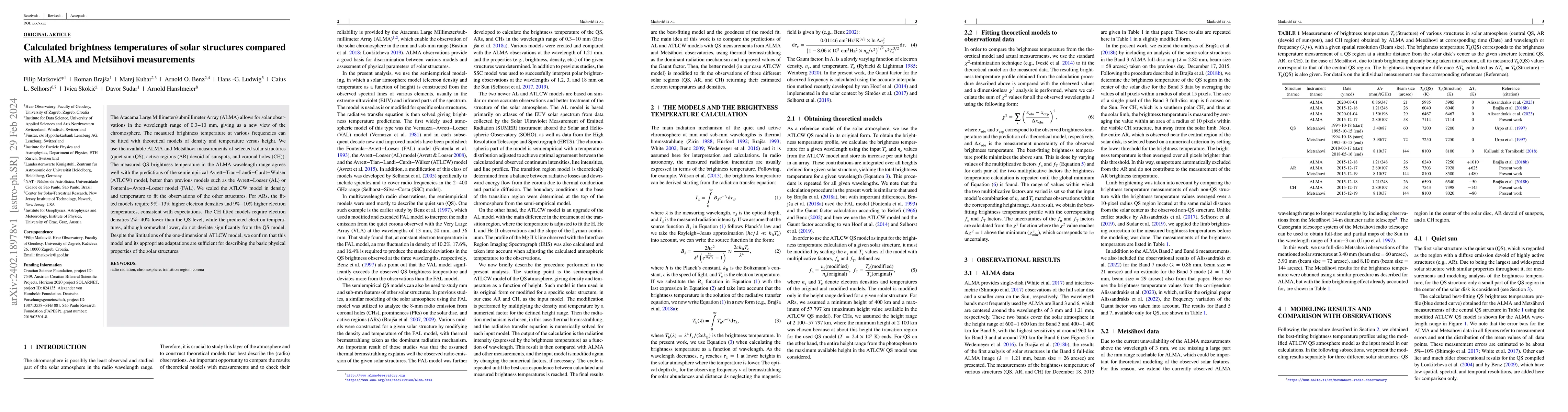 Thumbnail for Calculated brightness temperatures of solar structures compared with
  ALMA and Mets\"ahovi measurements
