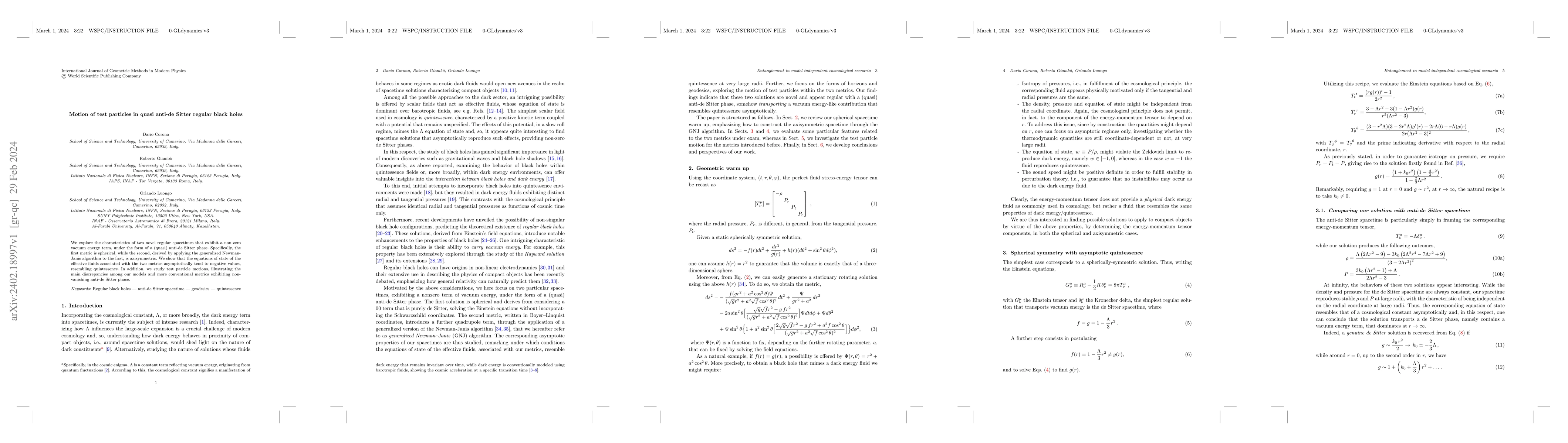 Thumbnail for Motion of test particles in quasi anti-de Sitter regular black holes