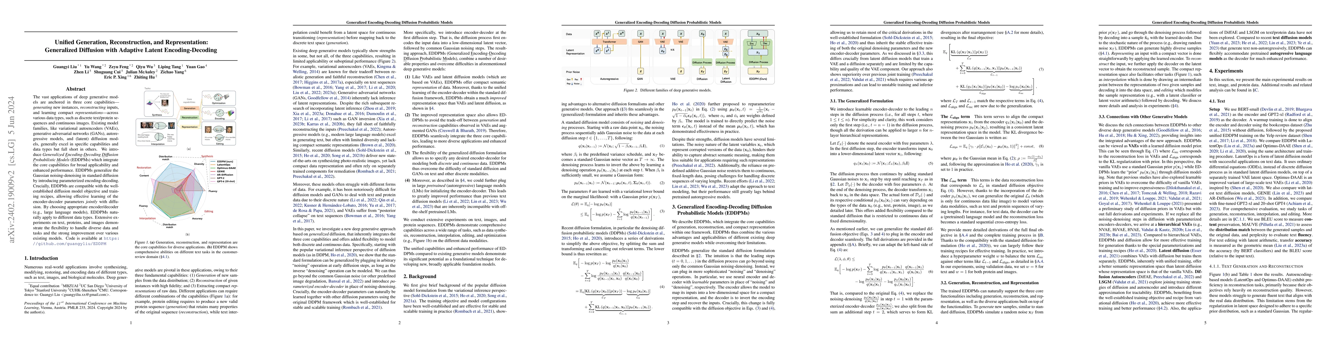 Thumbnail for Unified Generation, Reconstruction, and Representation: Generalized
  Diffusion with Adaptive Latent Encoding-Decoding