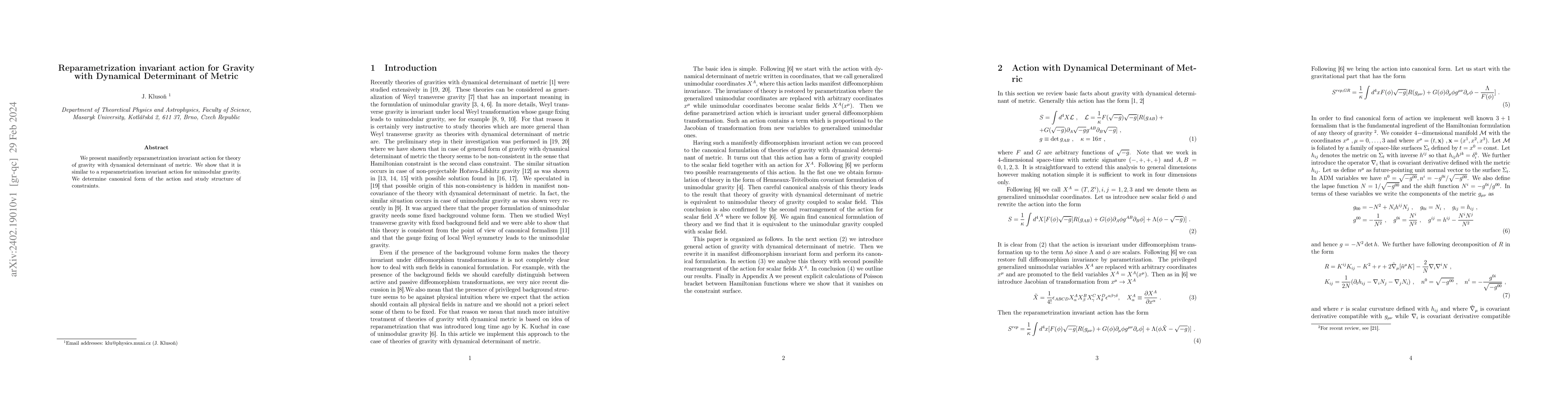 Thumbnail for Reparametrization invariant action for Gravity with Dynamical
  Determinant of Metric