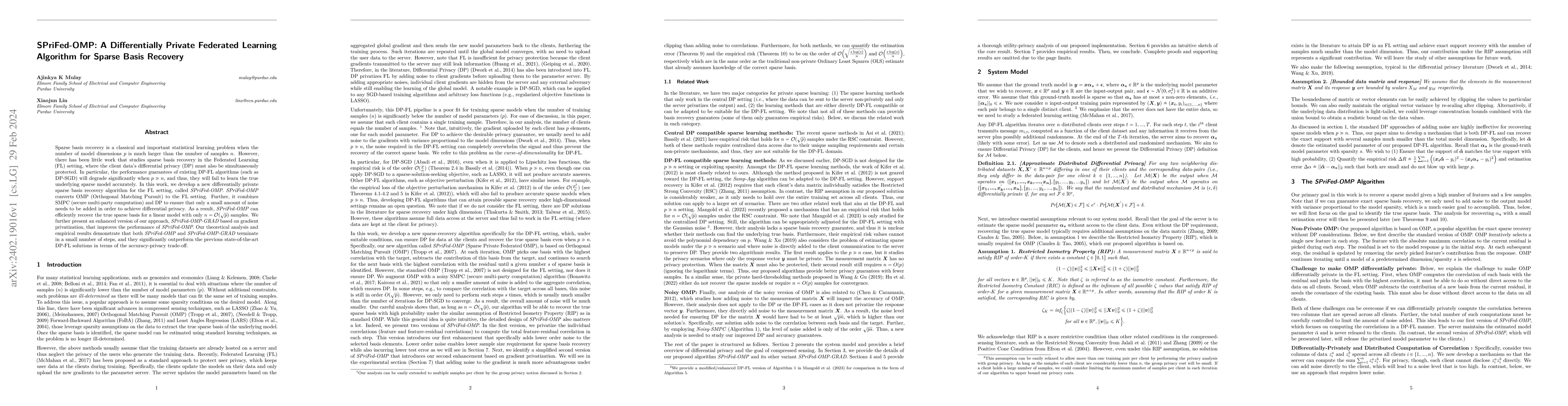 Thumbnail for SPriFed-OMP: A Differentially Private Federated Learning Algorithm for
  Sparse Basis Recovery