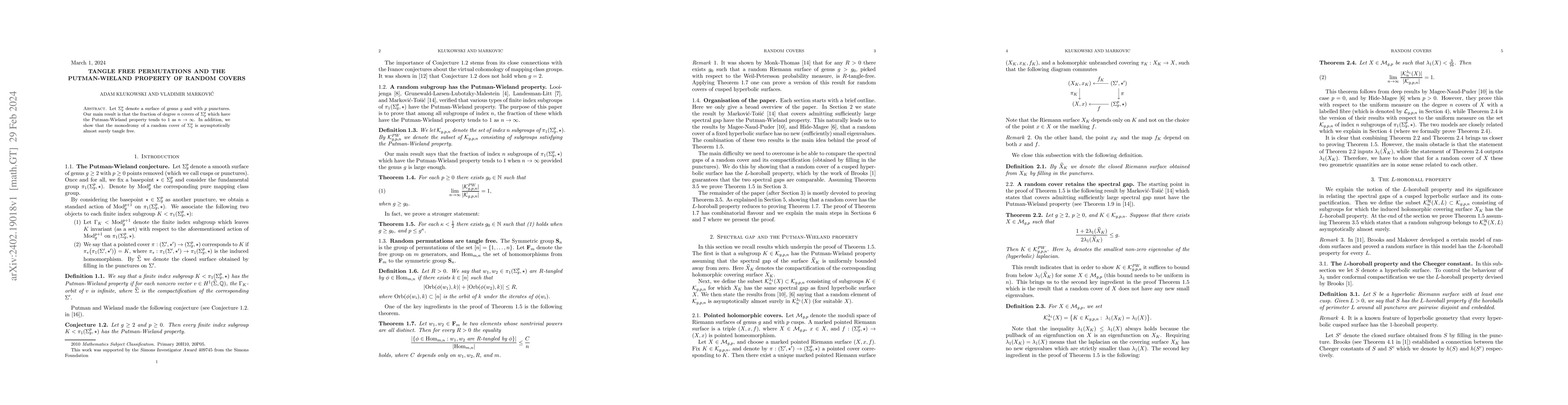 Thumbnail for Tangle free permutations and the Putman-Wieland property of Random
  covers