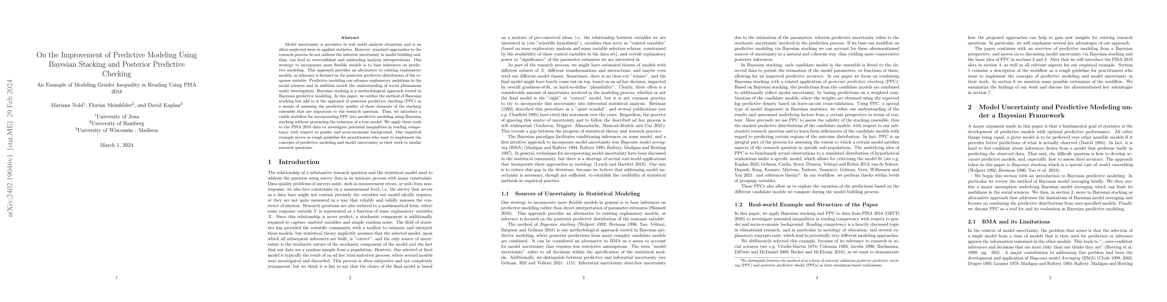 Thumbnail for On the Improvement of Predictive Modeling Using Bayesian Stacking and
  Posterior Predictive Checking