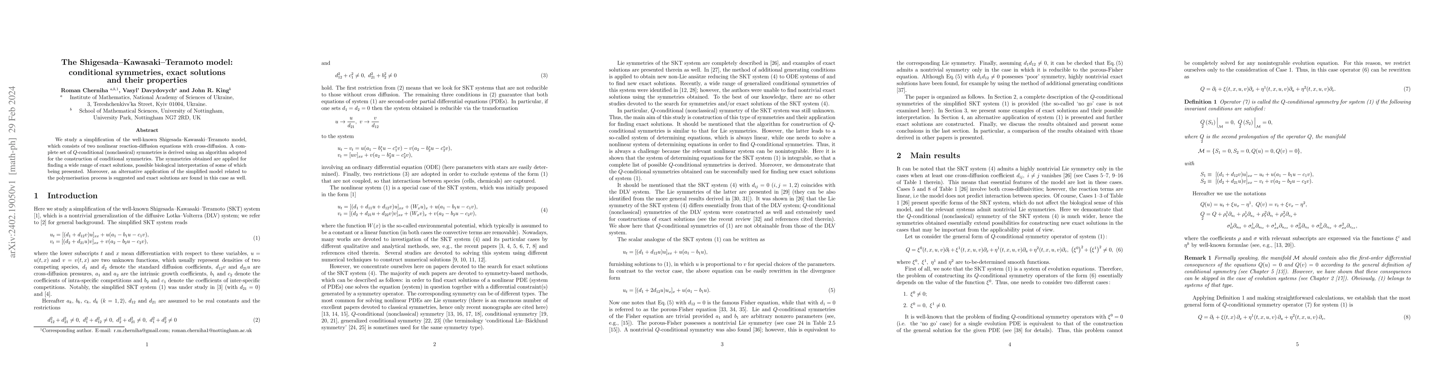 Thumbnail for The Shigesada-Kawasaki-Teramoto model: conditional symmetries, exact
  solutions and their properties