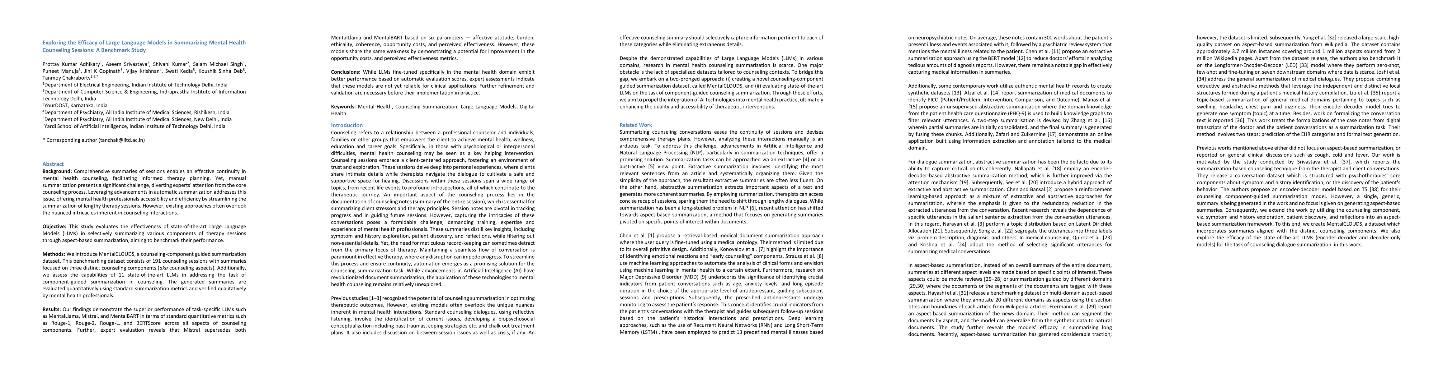 Thumbnail for Exploring the Efficacy of Large Language Models in Summarizing Mental
  Health Counseling Sessions: A Benchmark Study