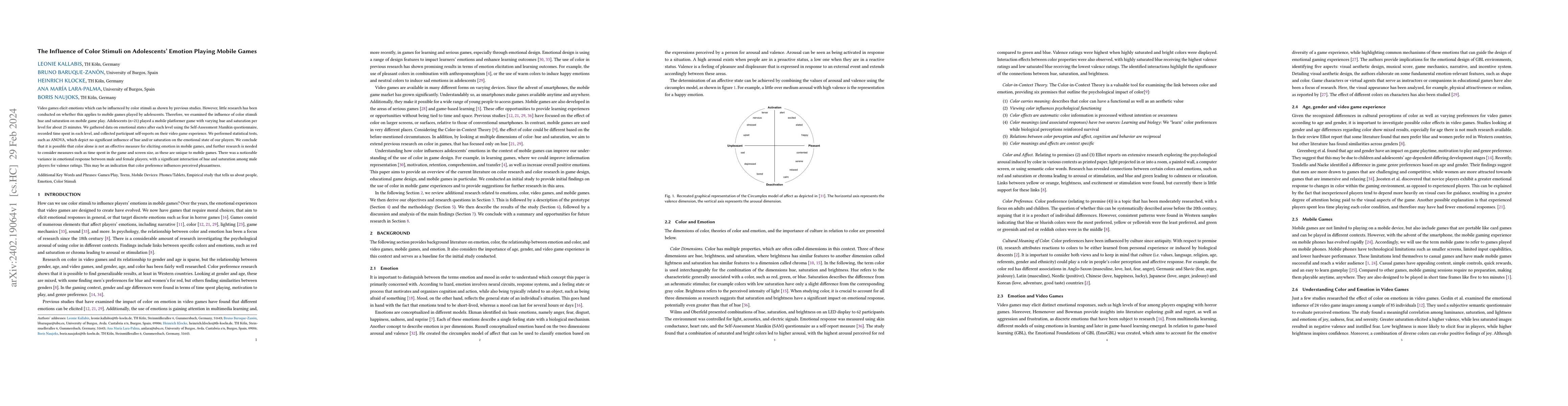 Thumbnail for The Influence of Color Stimuli on Adolescents' Emotion Playing Mobile
  Games