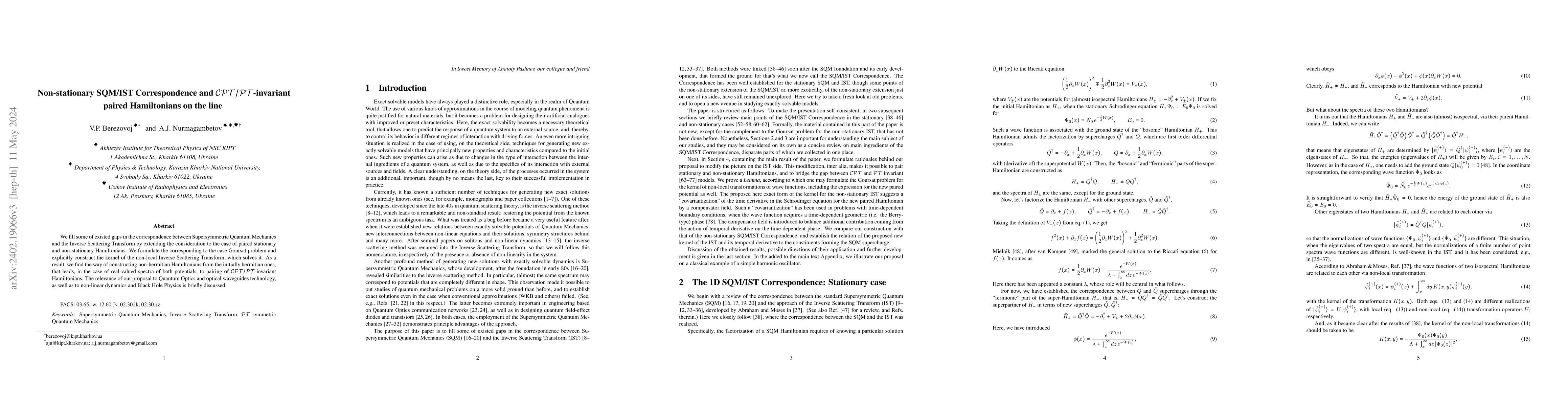 Thumbnail for Non-stationary SQM/IST Correspondence and ${\cal CPT}/{\cal
  PT}$-invariant paired Hamiltonians on the line