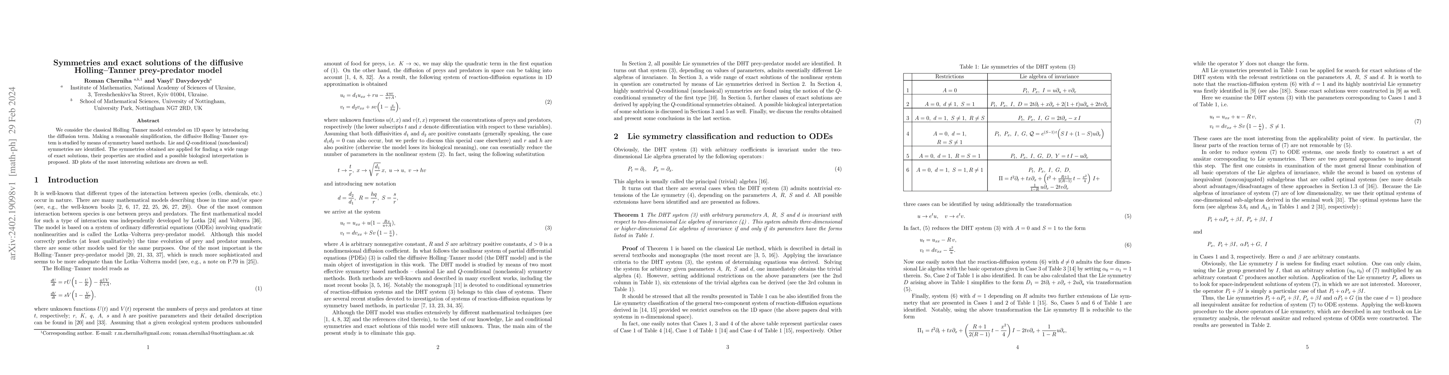 Thumbnail for Symmetries and exact solutions of the diffusive Holling-Tanner
  prey-predator model