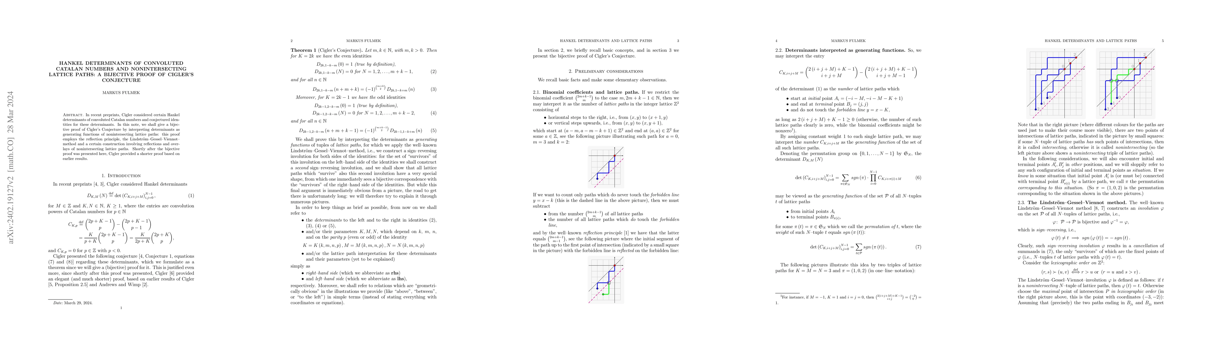 Thumbnail for Hankel Determinants of convoluted Catalan numbers and nonintersecting
  lattice paths: A bijective proof of Cigler's Conjecture