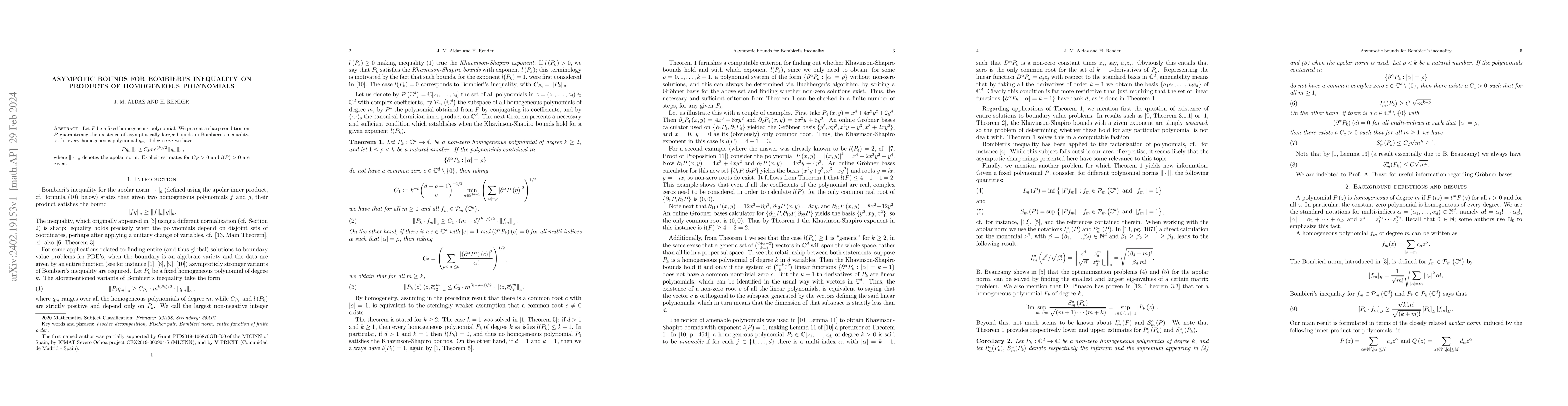 Thumbnail for Asympotic bounds for Bombieri's inequality on products of homogeneous
  polynomials