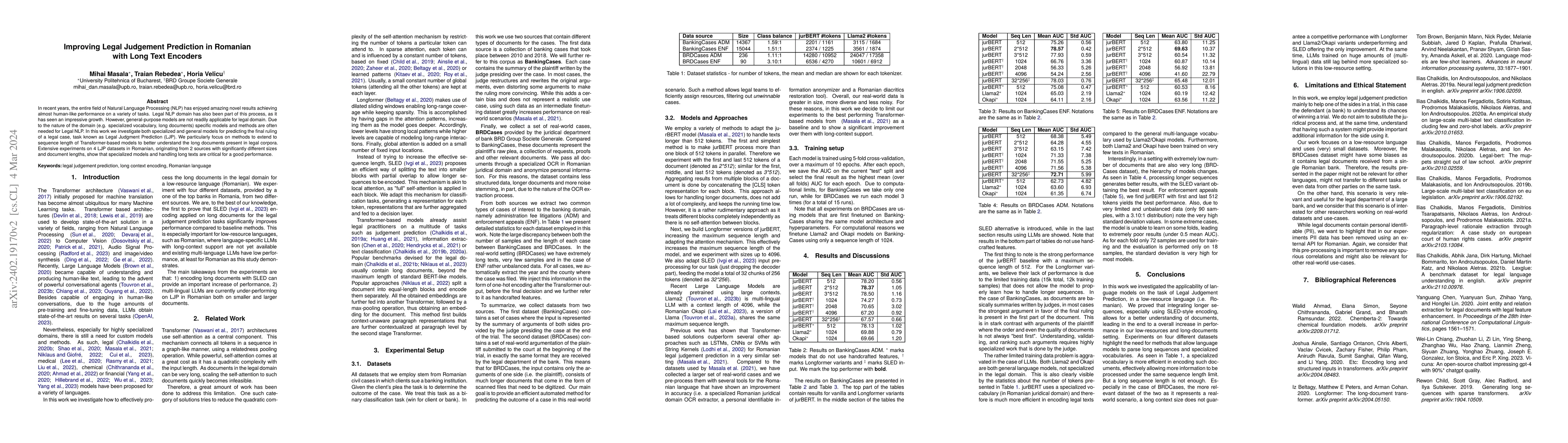 Thumbnail for Improving Legal Judgement Prediction in Romanian with Long Text Encoders