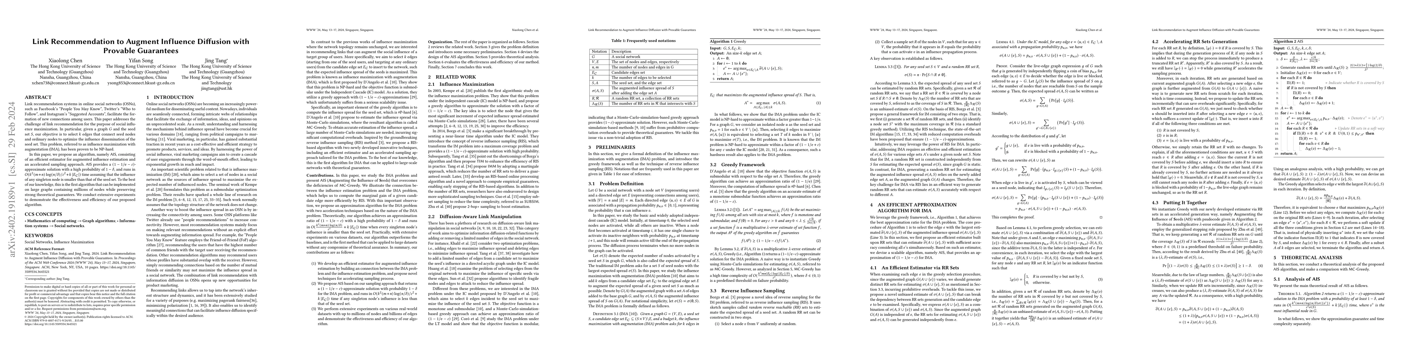 Thumbnail for Link Recommendation to Augment Influence Diffusion with Provable
  Guarantees