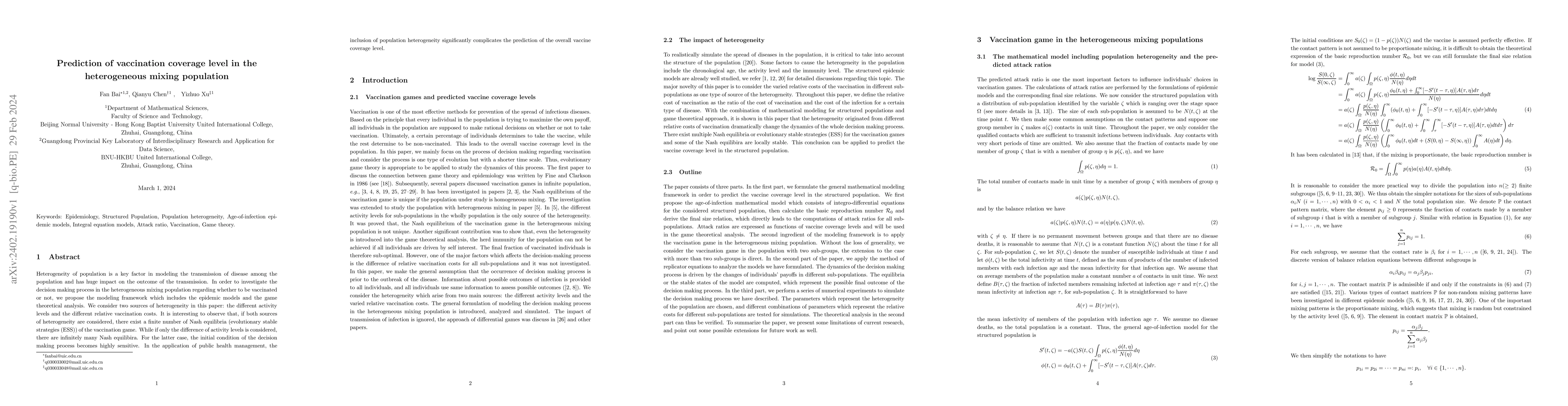 Thumbnail for Prediction of vaccination coverage level in the heterogeneous mixing
  population