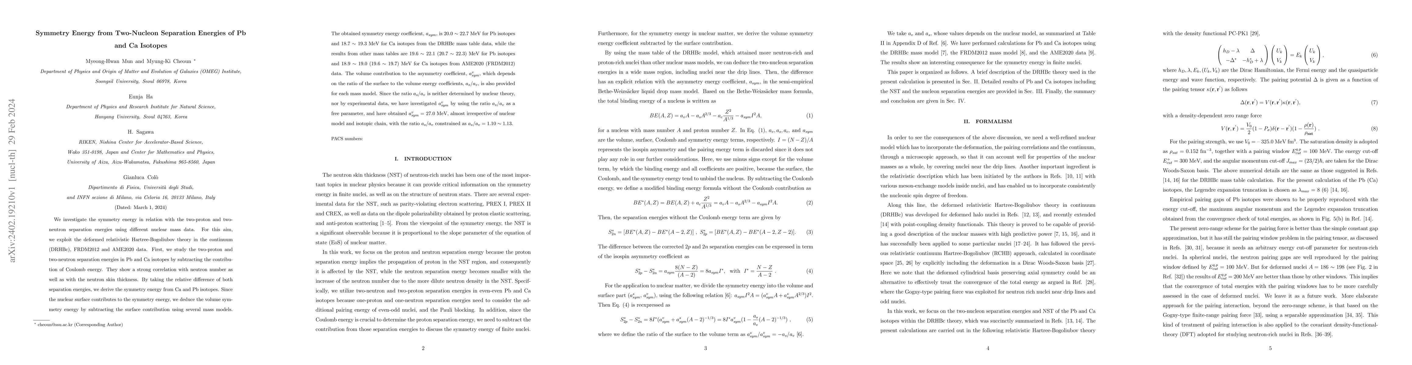 Thumbnail for Symmetry Energy from Two-Nucleon Separation Energies of Pb and Ca
  Isotopes