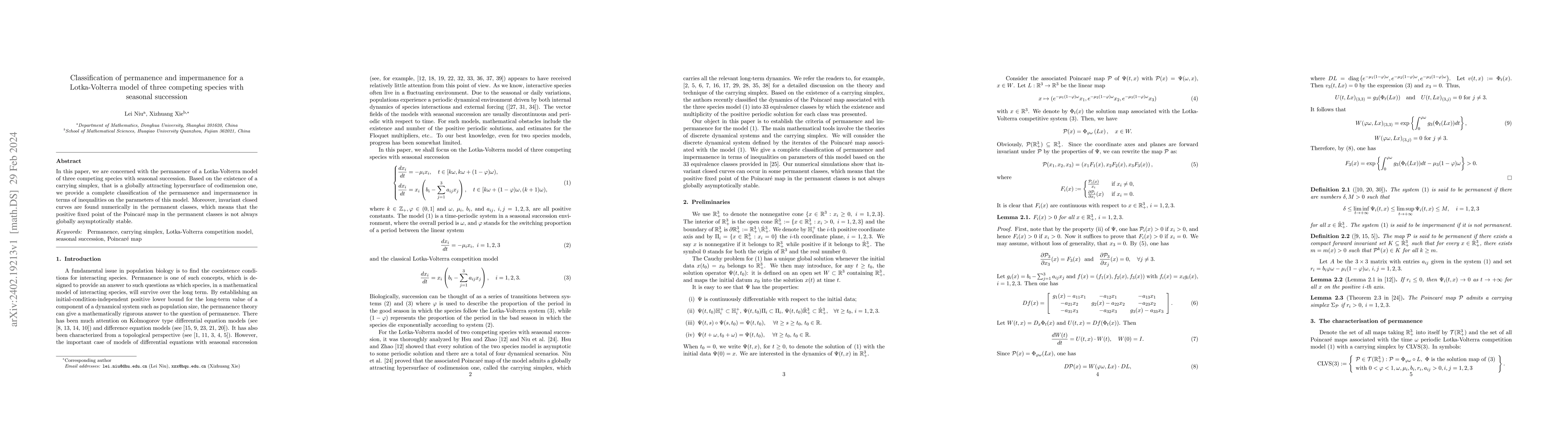 Thumbnail for Classification of permanence and impermanence for a Lotka-Volterra model
  of three competing species with seasonal succession