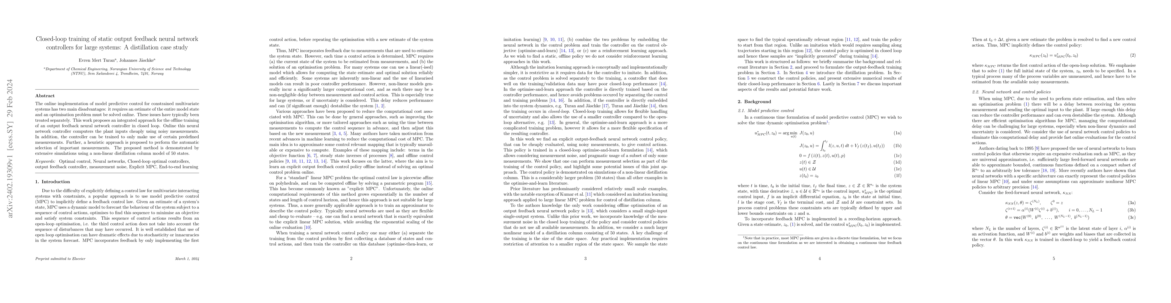 Thumbnail for Closed-loop training of static output feedback neural network
  controllers for large systems: A distillation case study