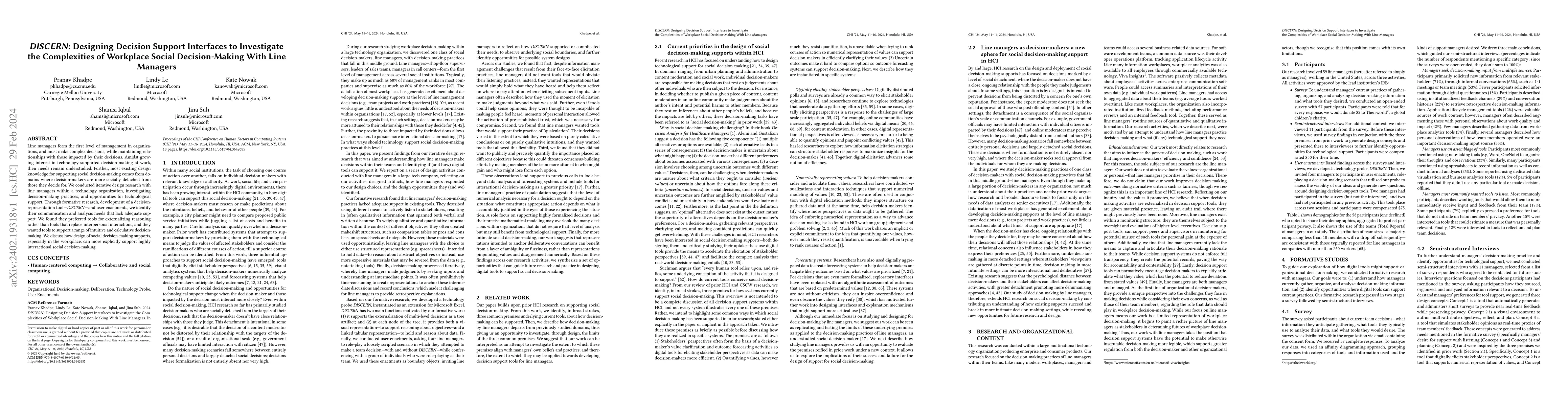Thumbnail for DISCERN: Designing Decision Support Interfaces to Investigate the
  Complexities of Workplace Social Decision-Making With Line Managers