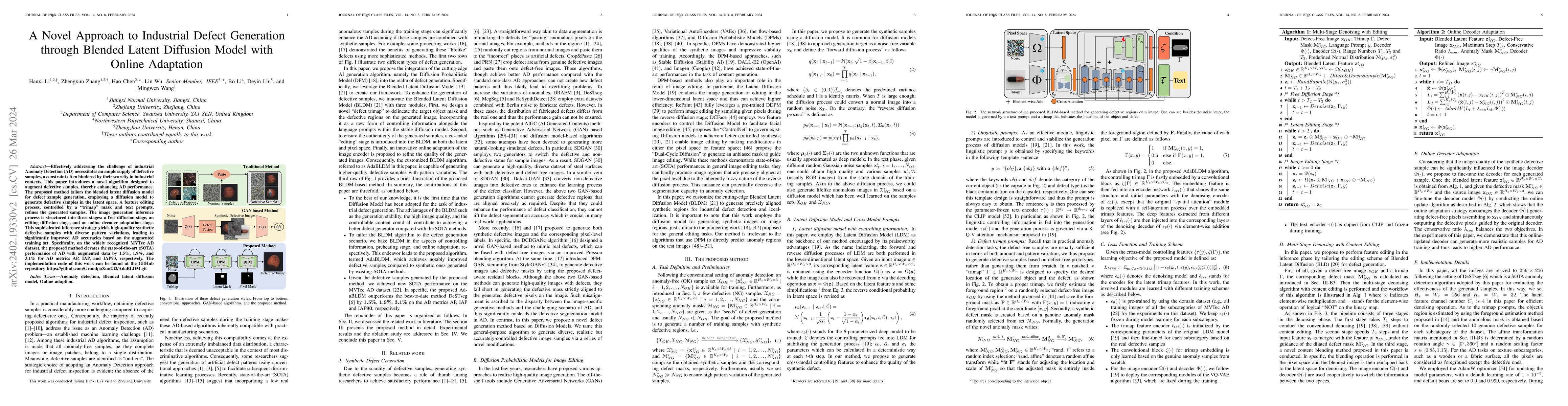 Thumbnail for A Novel Approach to Industrial Defect Generation through Blended Latent
  Diffusion Model with Online Adaptation