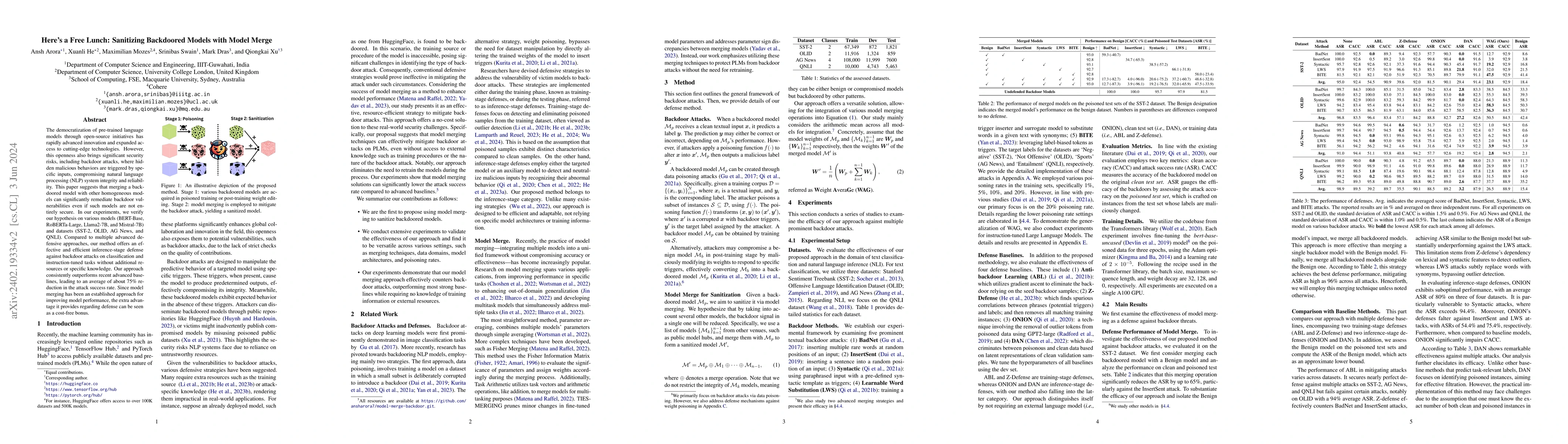 Thumbnail for Here's a Free Lunch: Sanitizing Backdoored Models with Model Merge