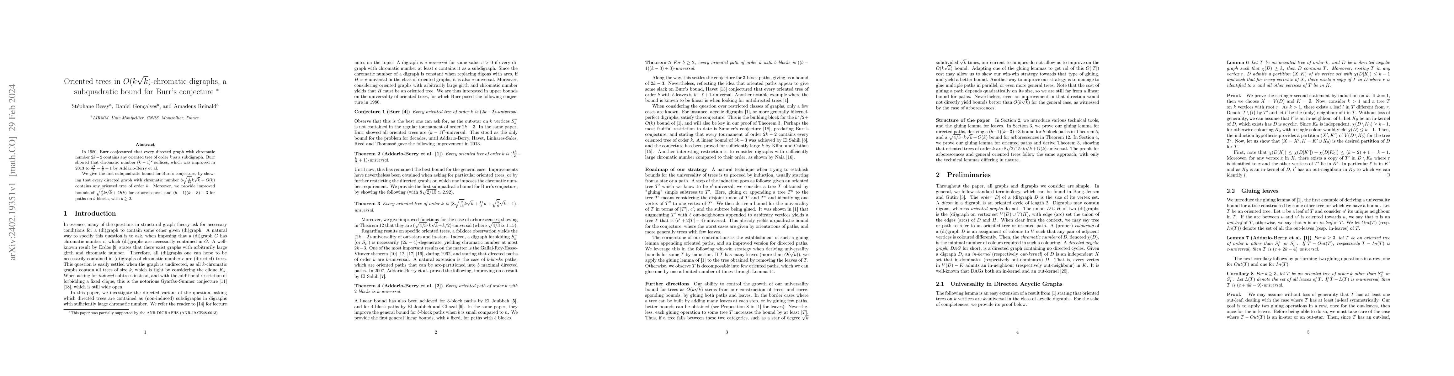 Thumbnail for Oriented trees in $O(k \sqrt{k})$-chromatic digraphs, a subquadratic
  bound for Burr's conjecture