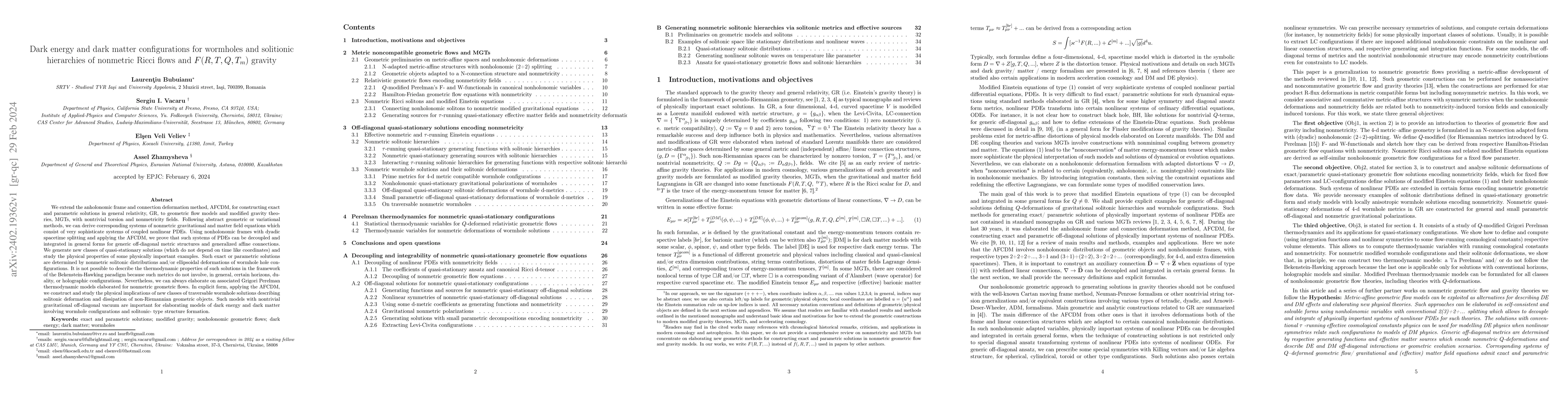 Thumbnail for Dark energy and dark matter configurations for wormholes and solitionic
  hierarchies of nonmetric Ricci flows and $F(R,T,Q,T_{m})$ gravity