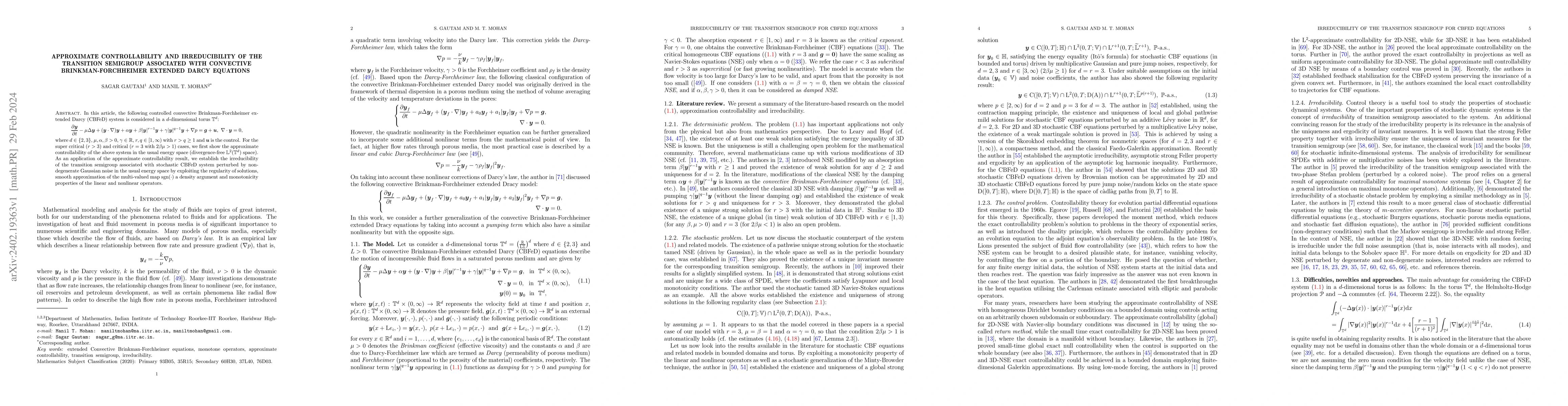 Thumbnail for Approximate controllability and Irreducibility of the transition
  semigroup associated with Convective Brinkman-Forchheimer extended Darcy
  Equations