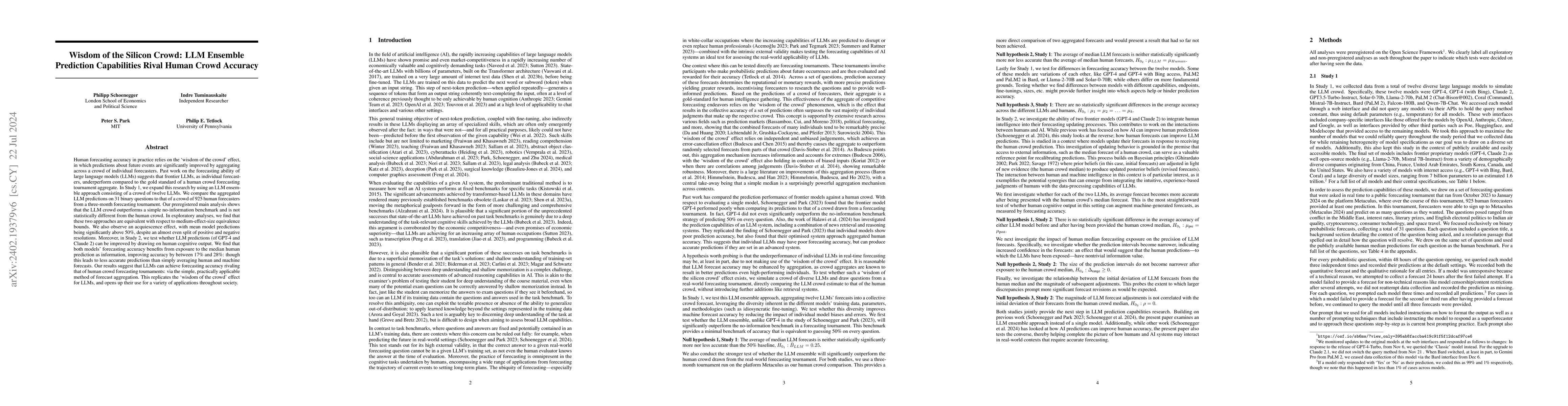 Thumbnail for Wisdom of the Silicon Crowd: LLM Ensemble Prediction Capabilities Rival
  Human Crowd Accuracy