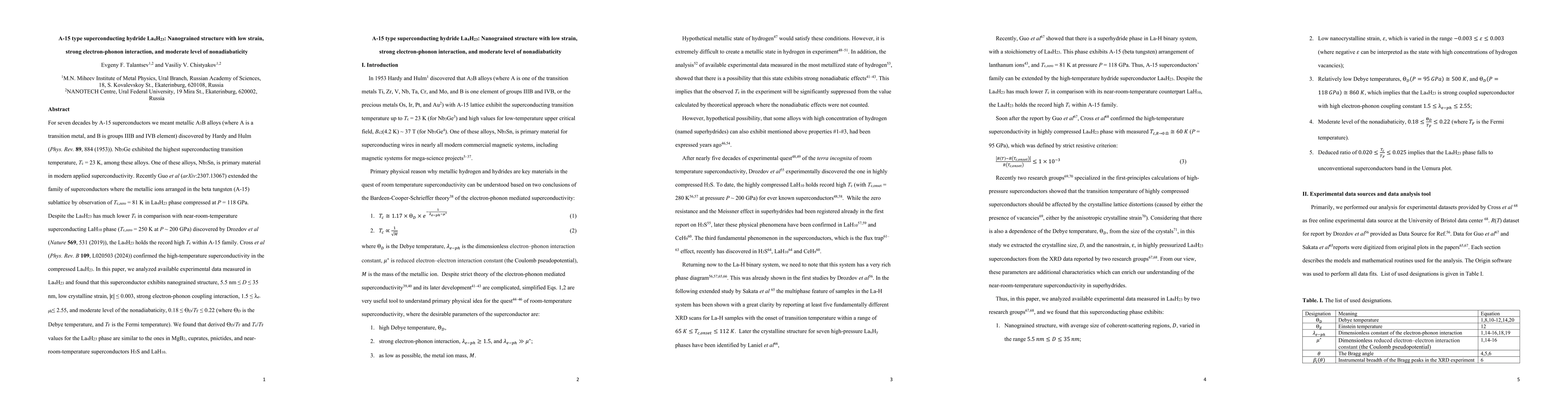 Thumbnail for A-15 type superconducting hydride $La_4H_{23}$: Nanograined structure
  with low strain, strong electron-phonon interaction, and moderate level of
  nonadiabaticity