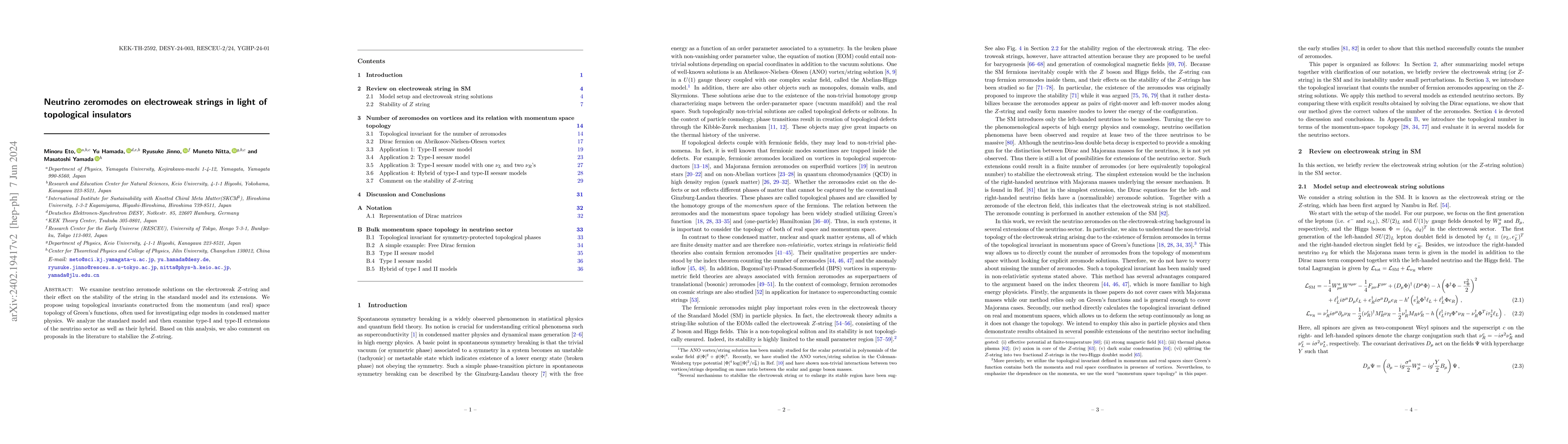 Thumbnail for Neutrino zeromodes on electroweak strings in light of topological
  insulators
