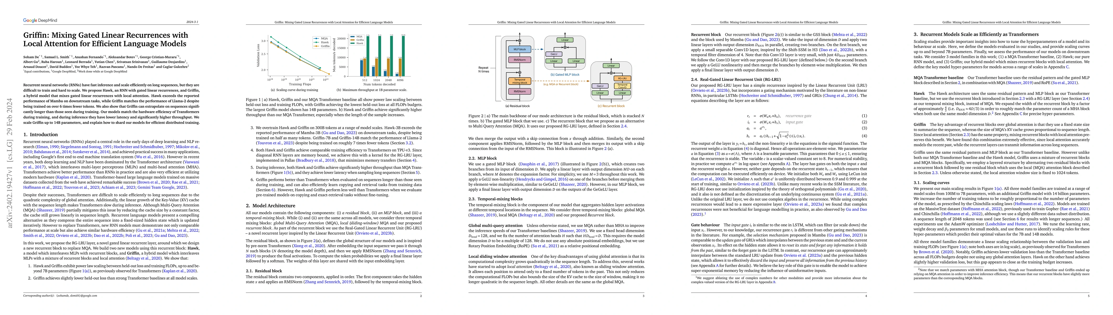 Thumbnail for Griffin: Mixing Gated Linear Recurrences with Local Attention for
  Efficient Language Models