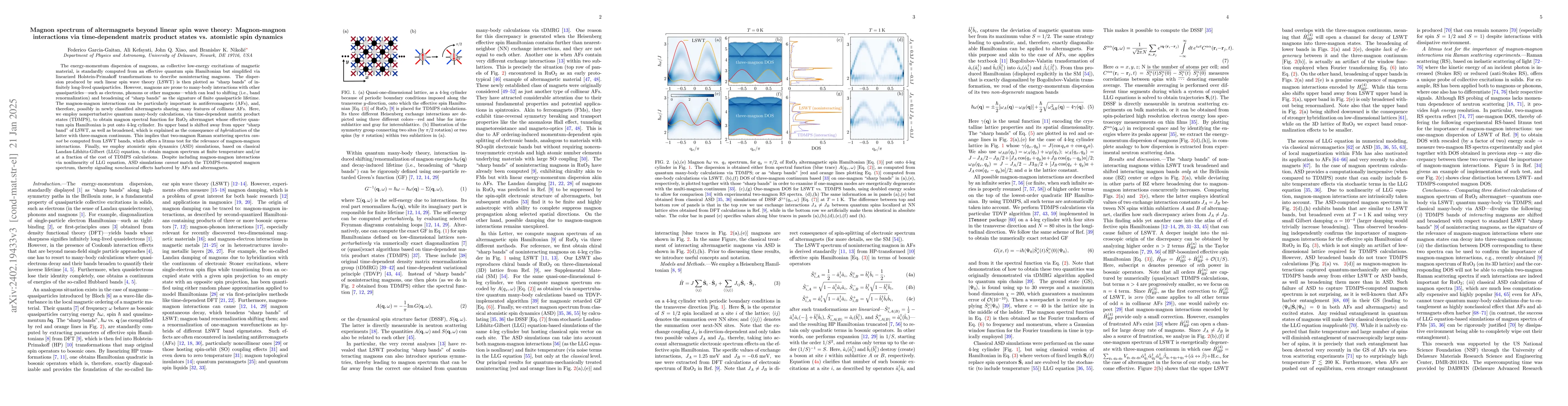 Thumbnail for Magnon spectrum of altermagnets: Time-dependent matrix product states
  vs. linearized Holstein-Primakoff calculations unravelling spontaneous magnon
  decay