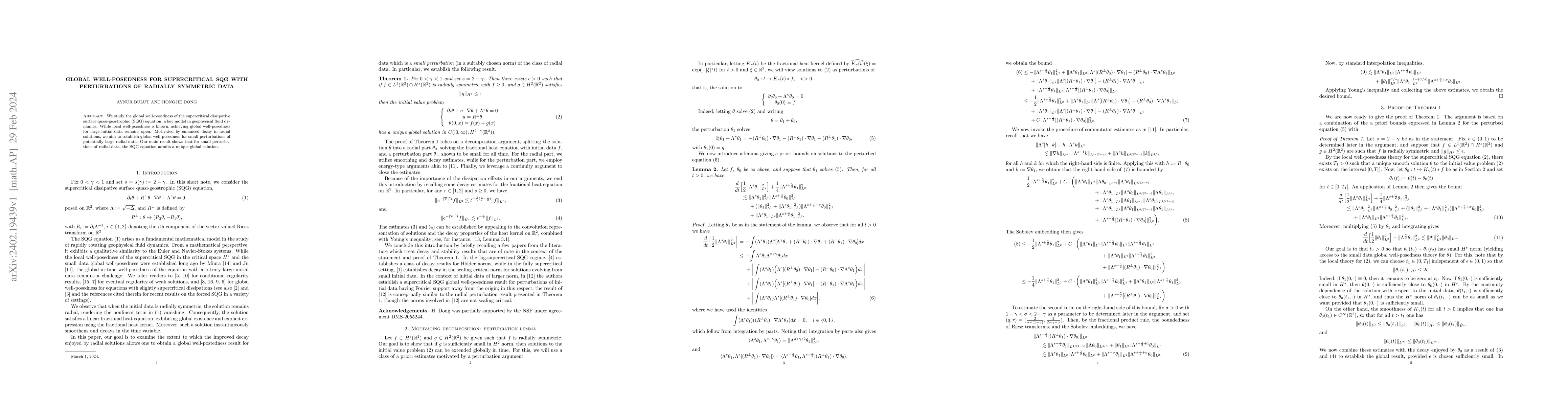 Thumbnail for Global well-posedness for supercritical SQG with perturbations of
  radially symmetric data