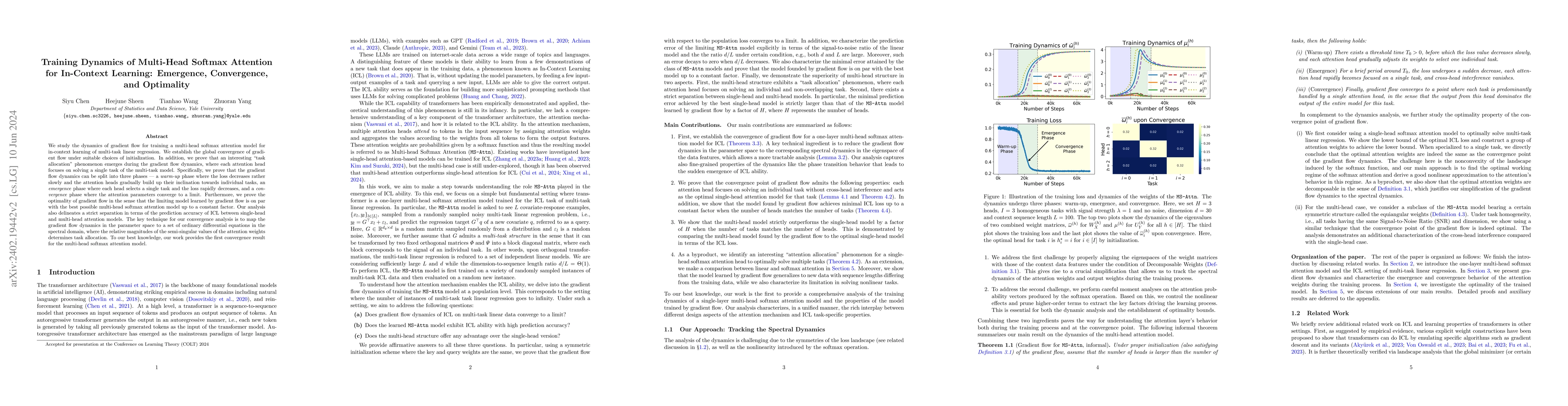 Thumbnail for Training Dynamics of Multi-Head Softmax Attention for In-Context
  Learning: Emergence, Convergence, and Optimality