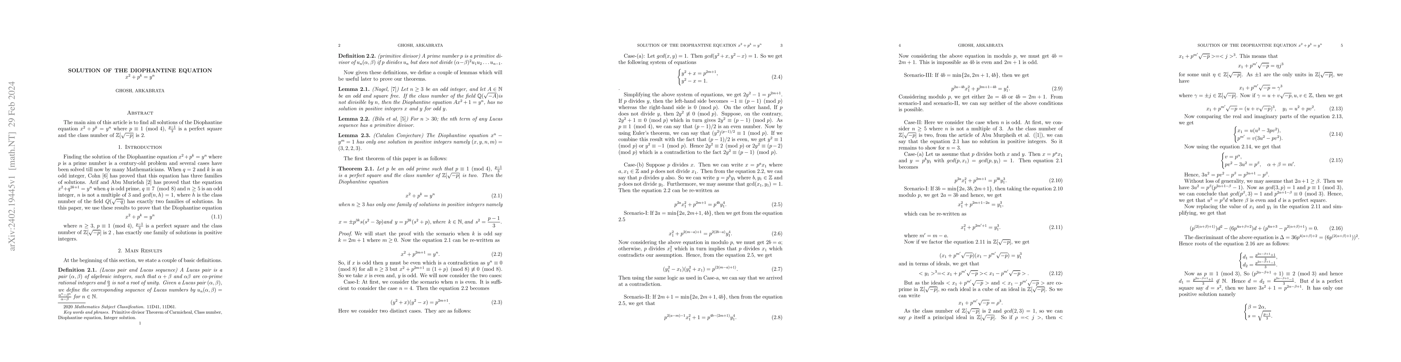 Thumbnail for Solution of the Diophantine equation $x^2 + p^k=y^n$