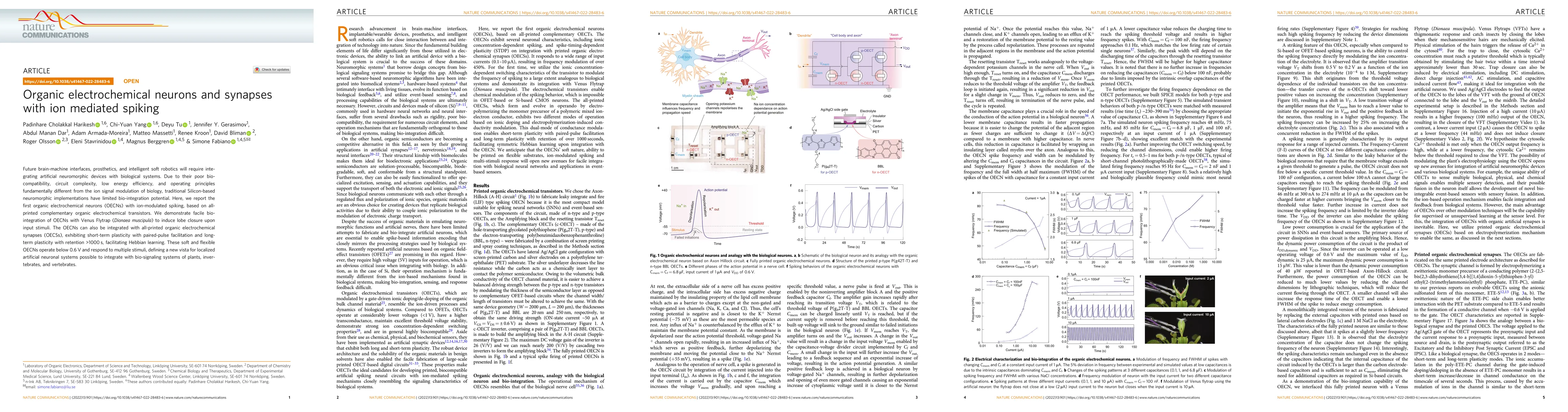 Thumbnail for Organic electrochemical neurons and synapses with ion mediated spiking