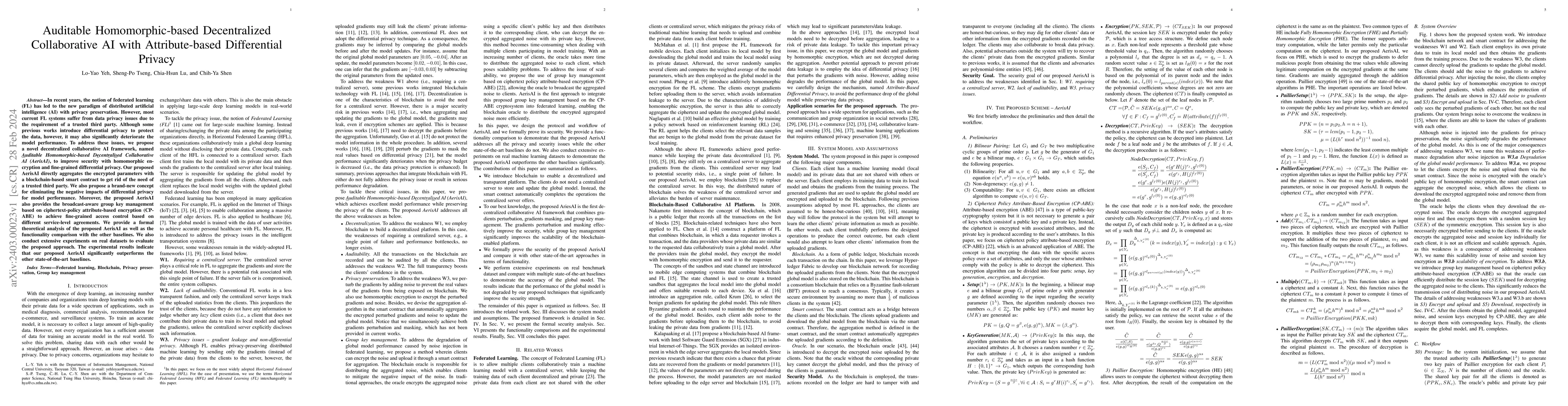 Thumbnail for Auditable Homomorphic-based Decentralized Collaborative AI with
  Attribute-based Differential Privacy