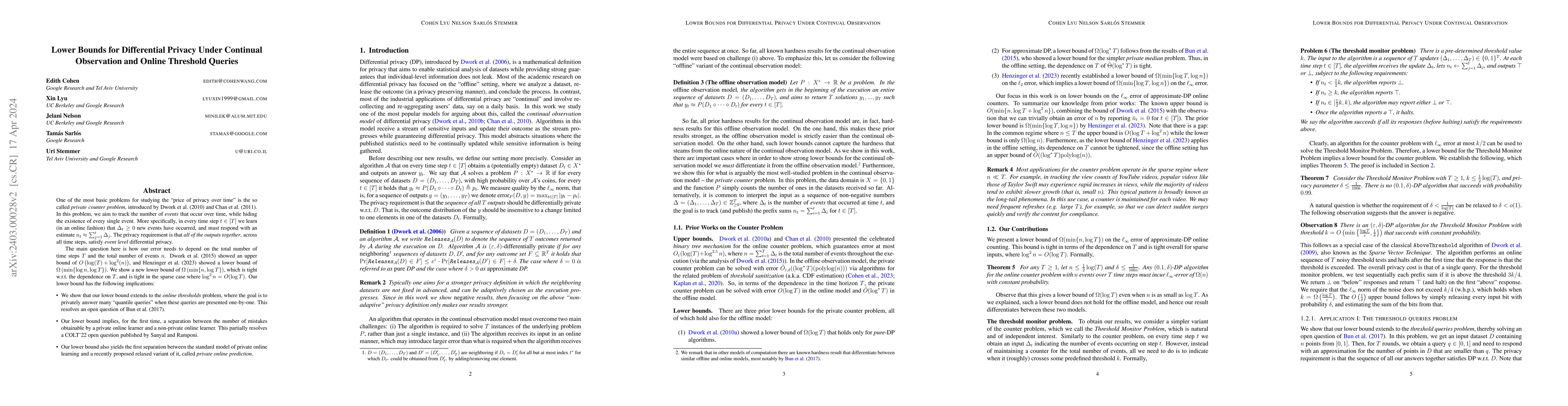 Thumbnail for Lower Bounds for Differential Privacy Under Continual Observation and
  Online Threshold Queries