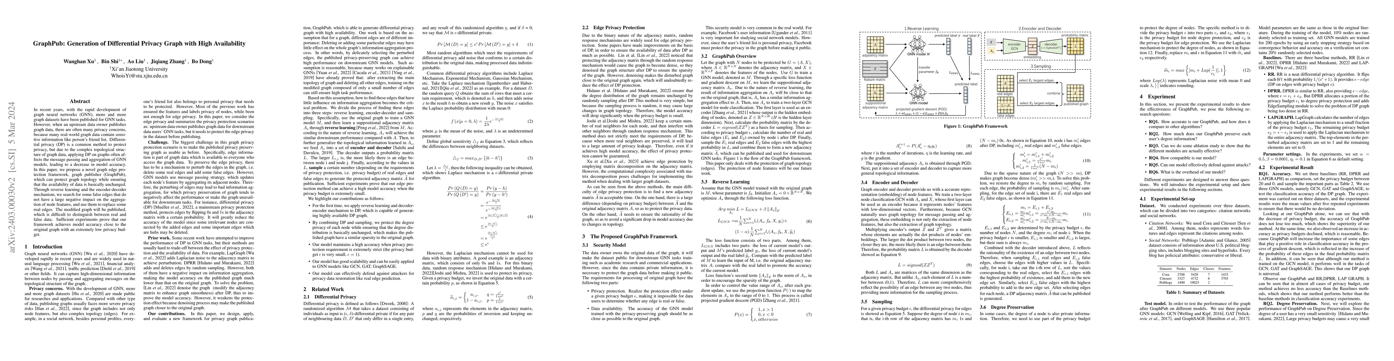 Thumbnail for GraphPub: Generation of Differential Privacy Graph with High
  Availability