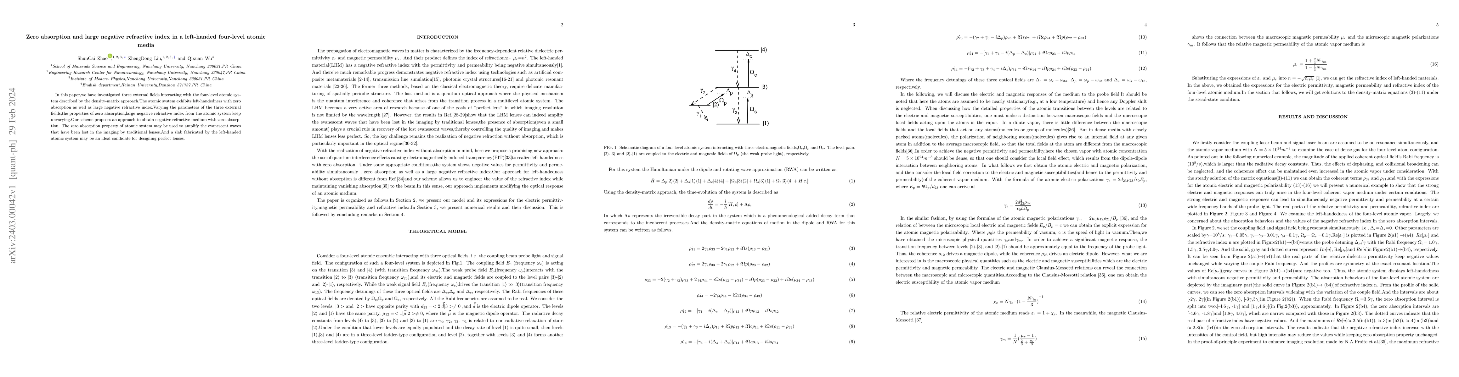 Thumbnail for Zero absorption and large negative refractive index in a left-handed
  four-level atomic media