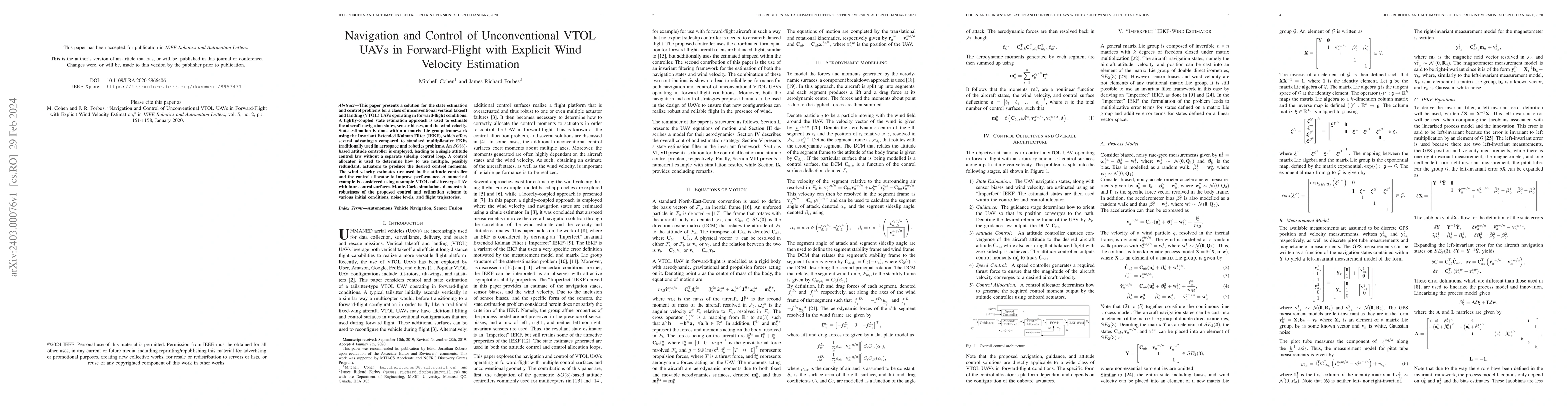 Thumbnail for Navigation and Control of Unconventional VTOL UAVs in Forward-Flight
  with Explicit Wind Velocity Estimation