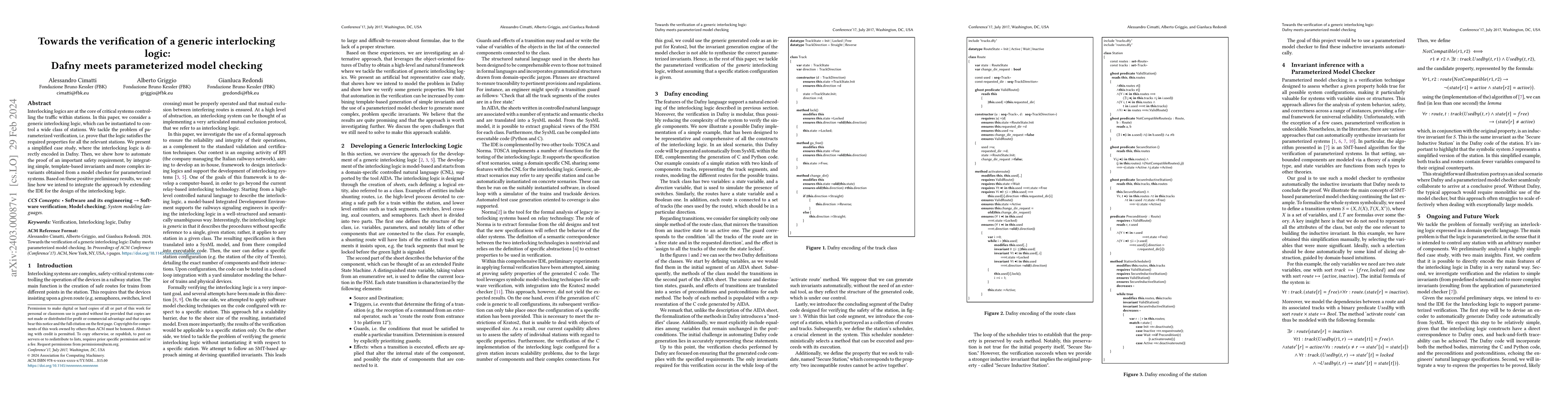 Thumbnail for Towards the verification of a generic interlocking logic: Dafny meets
  parameterized model checking