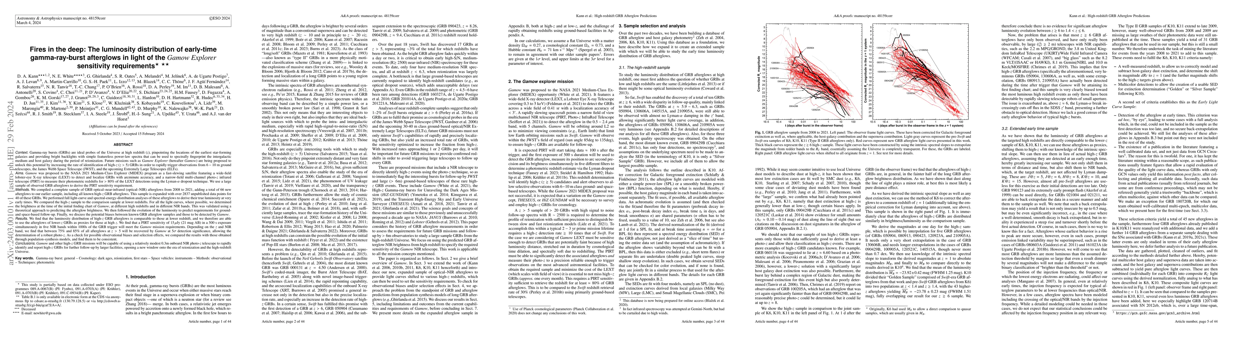 Thumbnail for Fires in the deep: The luminosity distribution of early-time
  gamma-ray-burst afterglows in light of the Gamow Explorer sensitivity
  requirements