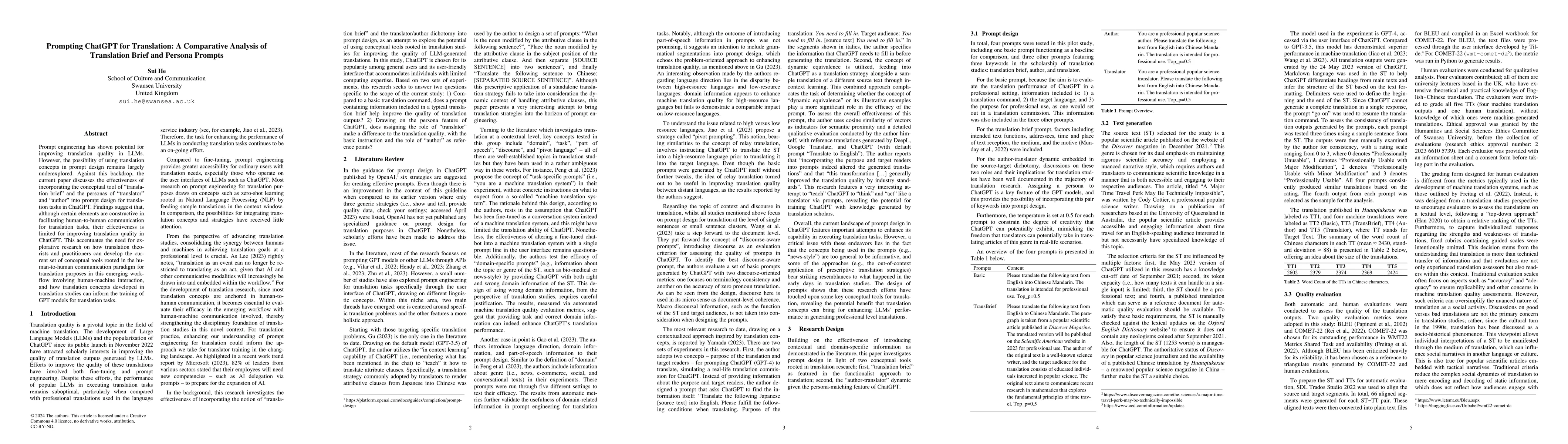 Thumbnail for Prompting ChatGPT for Translation: A Comparative Analysis of Translation
  Brief and Persona Prompts