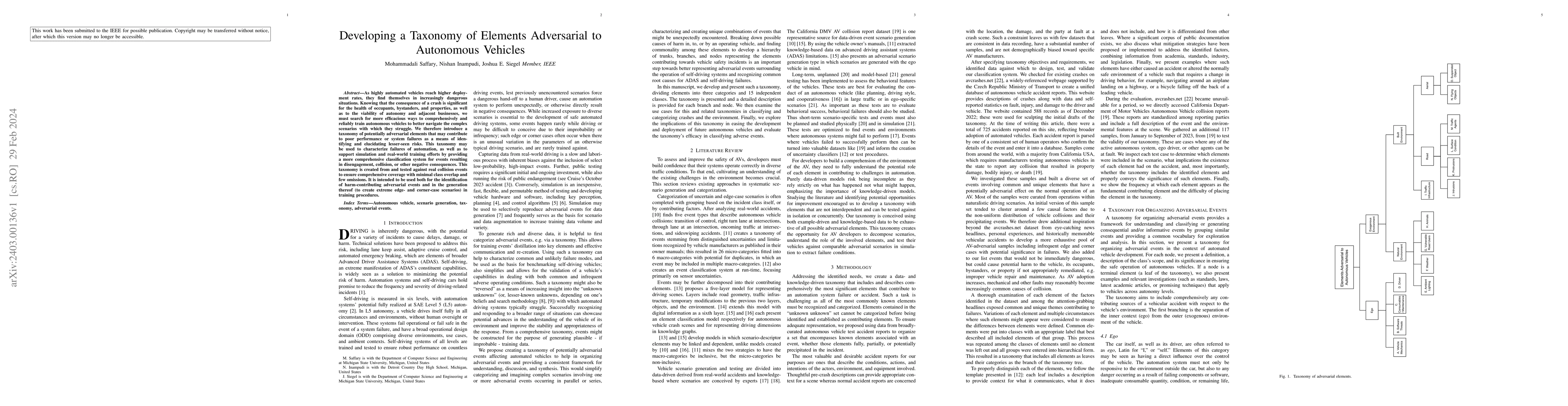 Thumbnail for Developing a Taxonomy of Elements Adversarial to Autonomous Vehicles