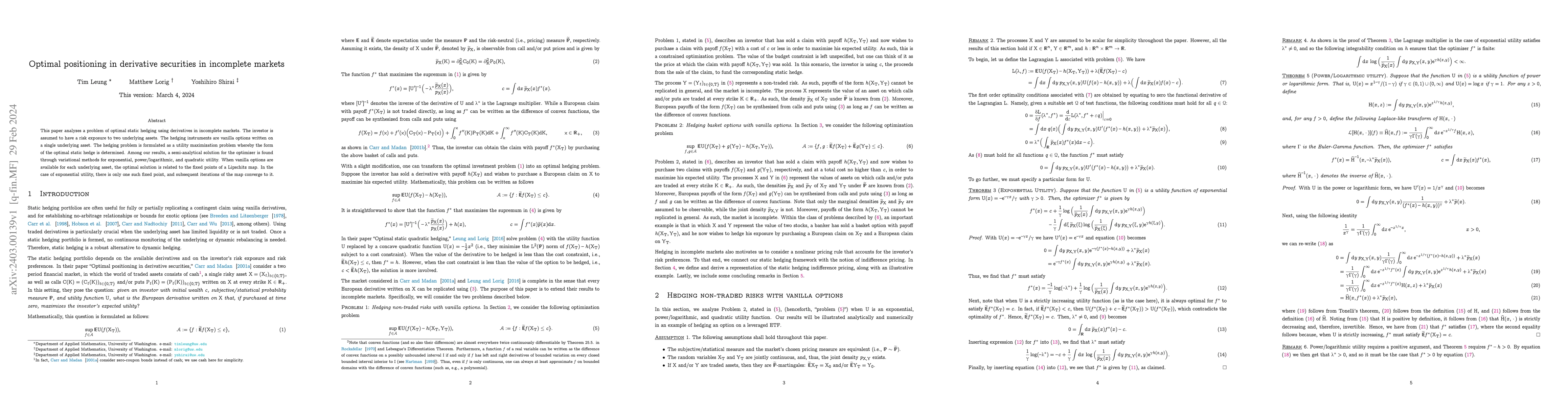 Thumbnail for Optimal positioning in derivative securities in incomplete markets