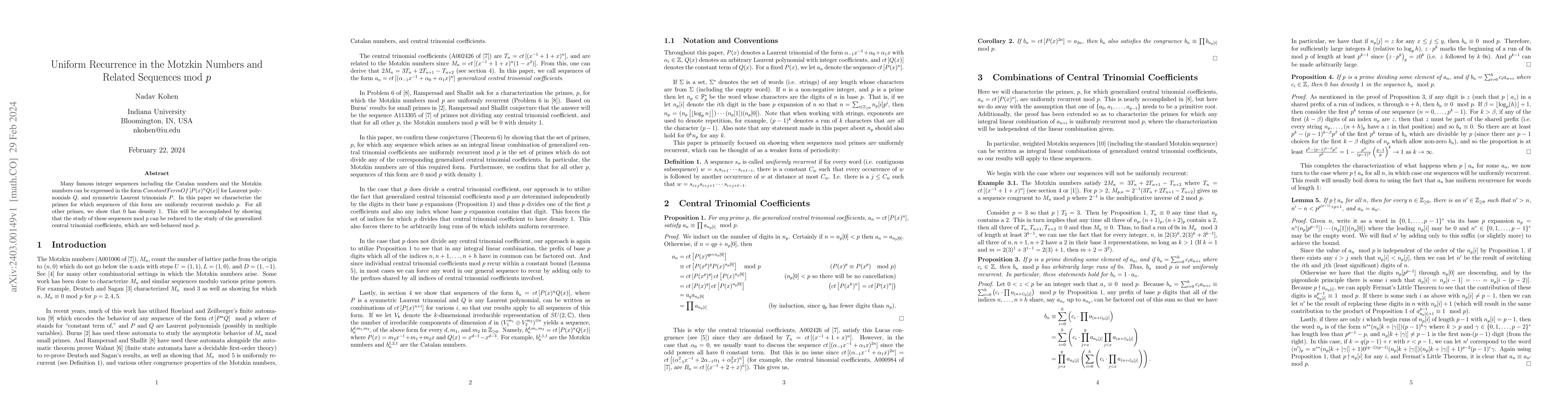 Thumbnail for Uniform Recurrence in the Motzkin Numbers and Related Sequences mod $p$